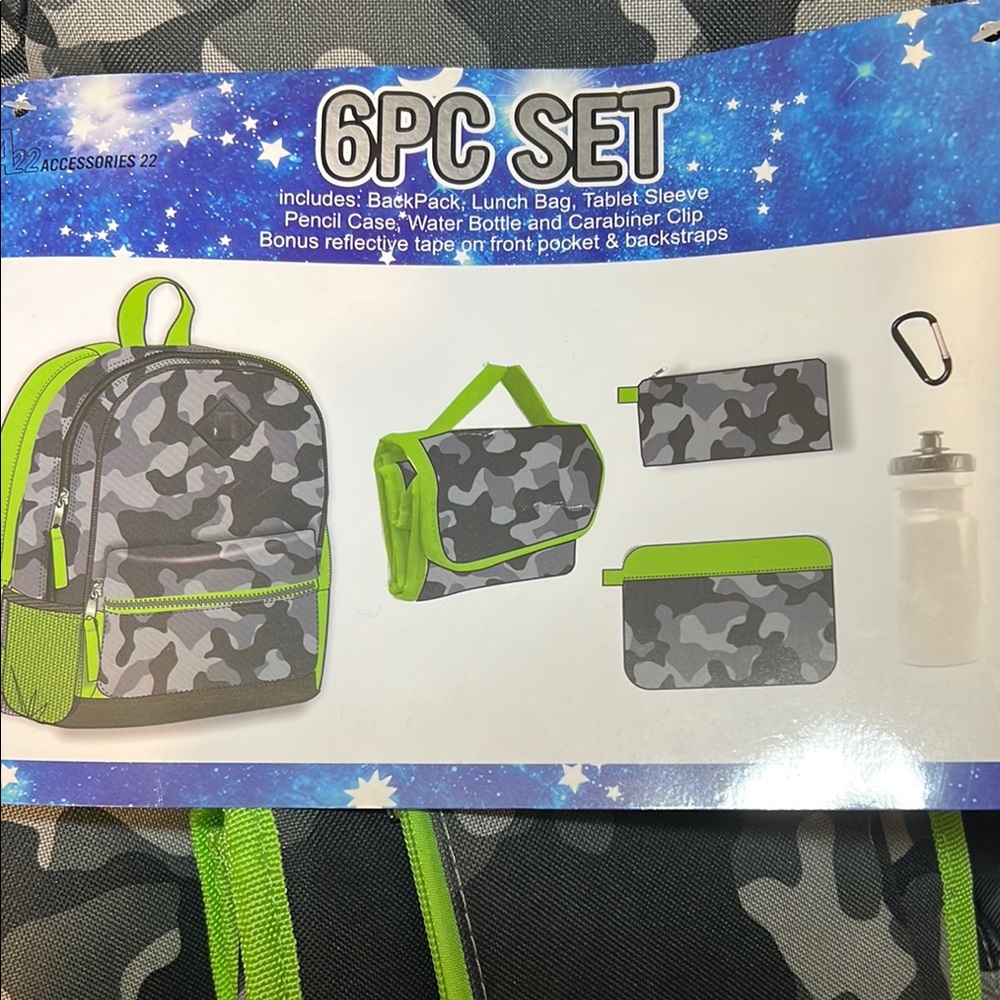 Kids Camouflage Backpack 6-PC Set with Green Accents